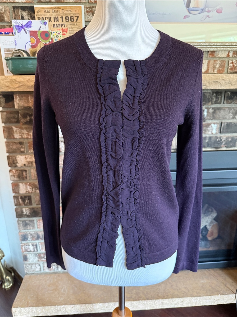 BANANA REPUBLIC Ruffle Front Italian Merino Wool Cardigan - Deep Purple.
